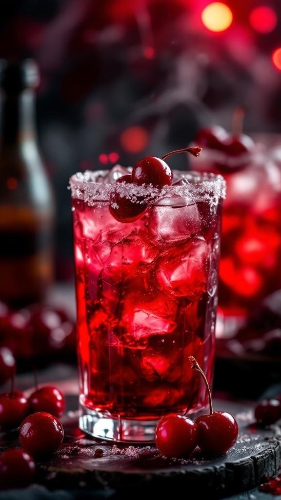 A vibrant red Vampire Kiss Cherry Mocktail garnished with cherries and ice.
