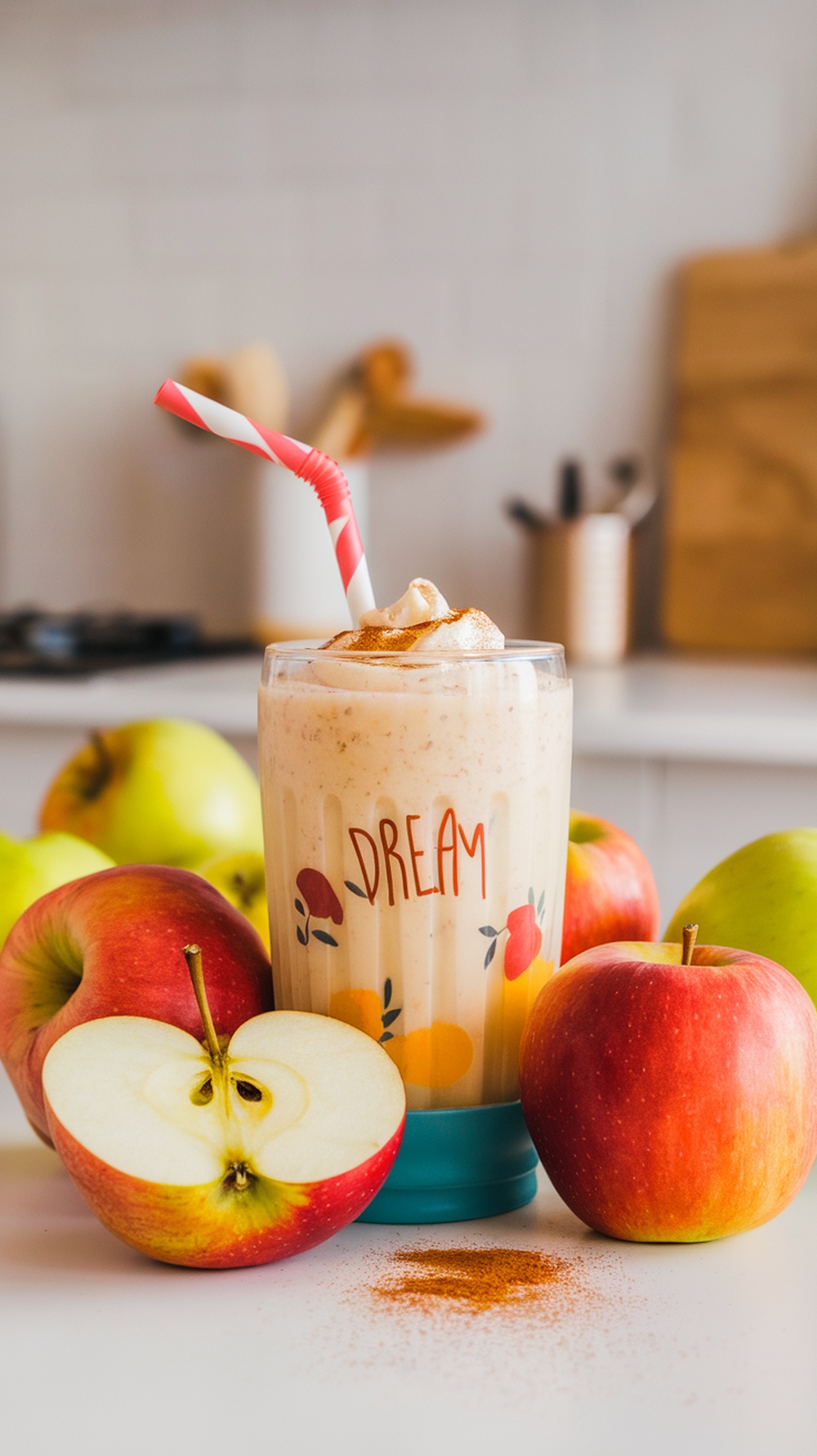 A delicious Vanilla Apple Dream Smoothie surrounded by fresh apples.