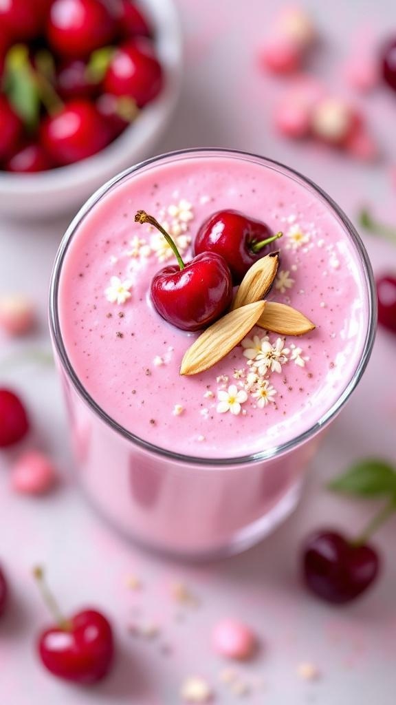 A delicious vanilla bean cherry smoothie topped with cherries and almonds.
