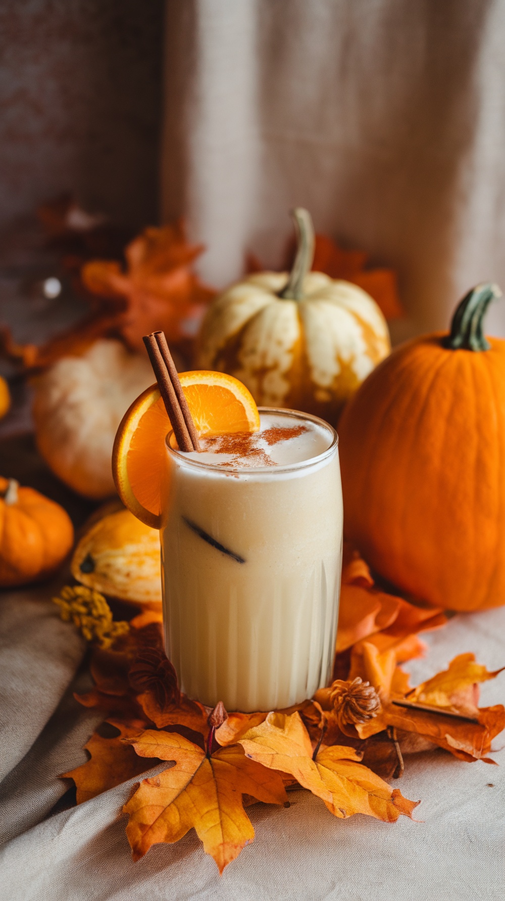 A Vanilla Bean Mocktail surrounded by autumn leaves and pumpkins.