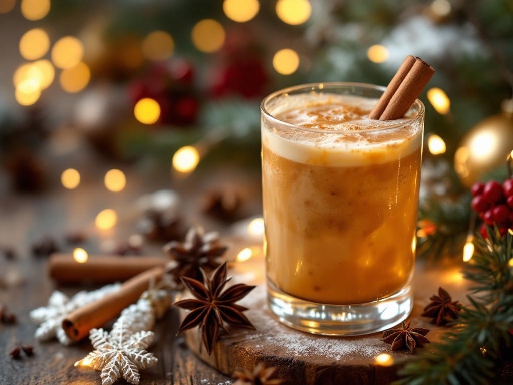 A Vanilla Chai Mocktail garnished with cinnamon sticks and surrounded by festive decorations.