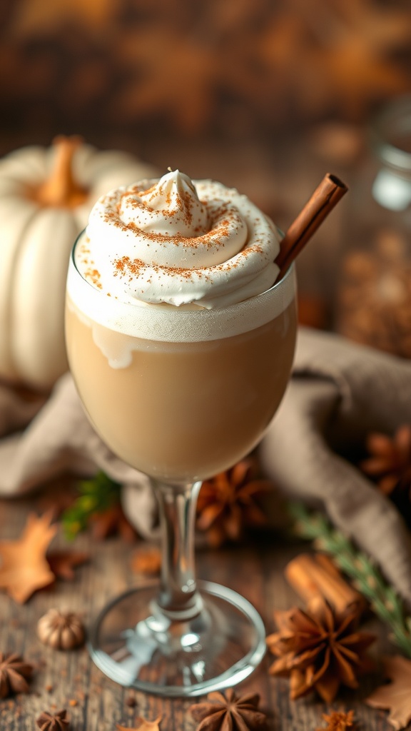 A Vanilla Chai Spice Mocktail topped with whipped cream and a cinnamon stick, surrounded by autumn leaves and spices.