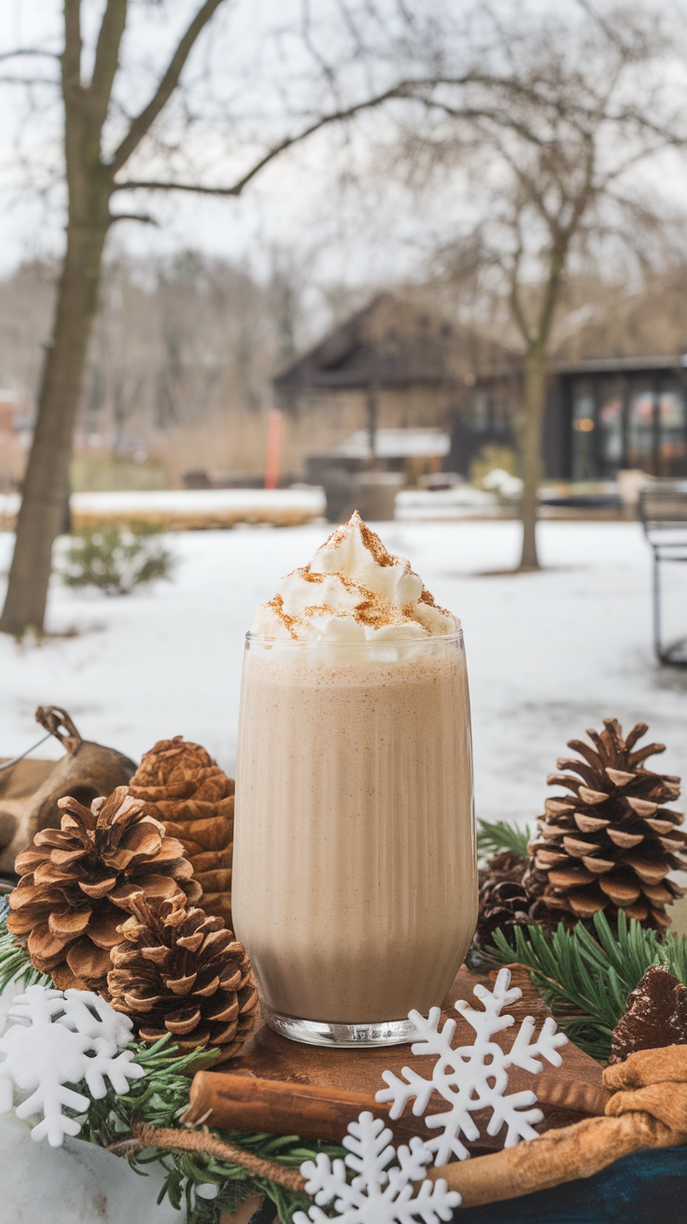 A delicious Vanilla Chestnut Spice Smoothie topped with whipped cream and spices, surrounded by pinecones and winter decor.