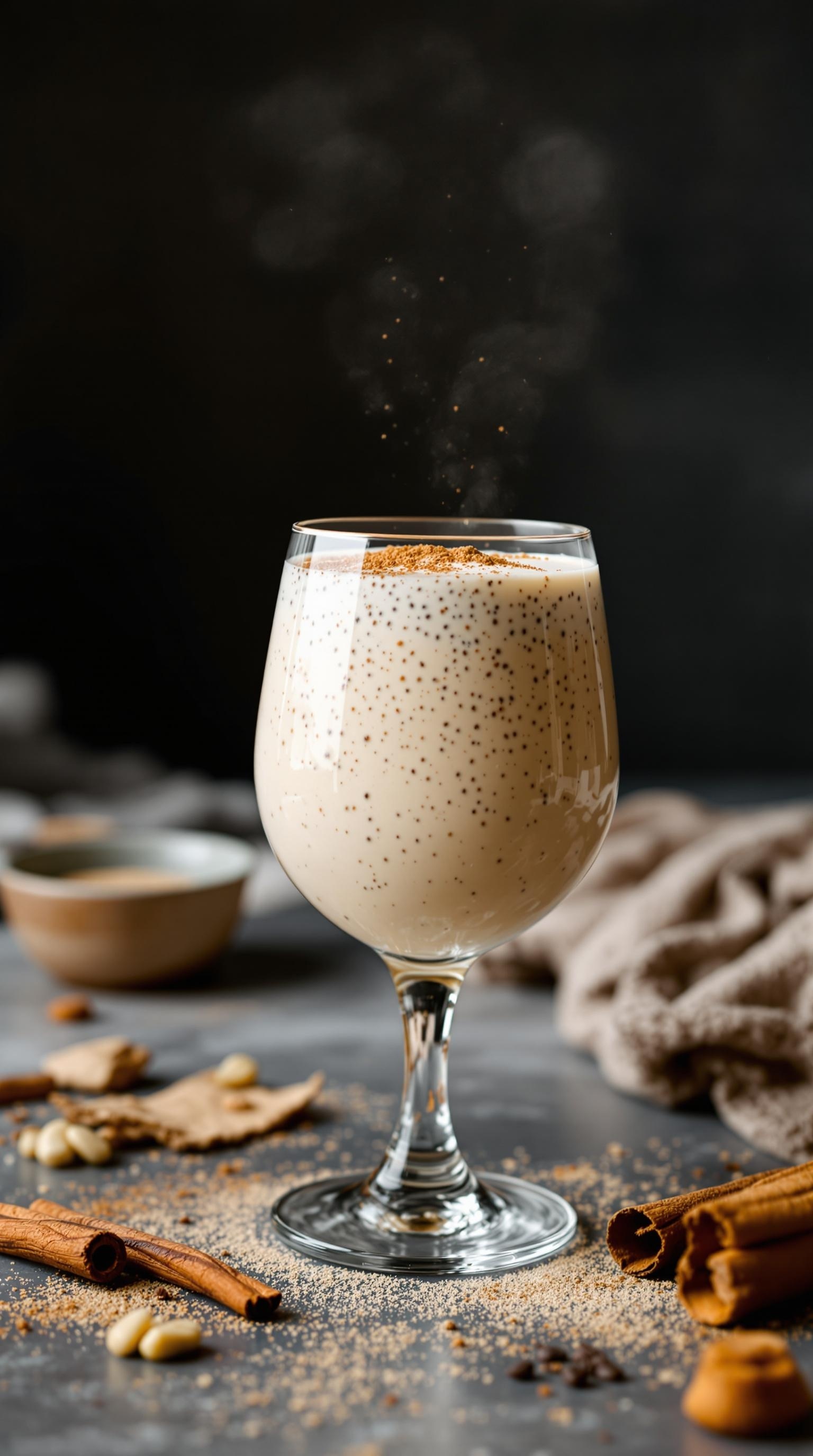A glass of Vanilla Chia Smoothie with a sprinkle of cinnamon on top.