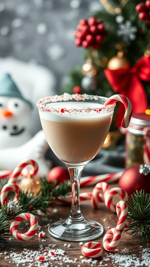 A festive Vanilla Peppermint Mocktail garnished with a candy cane, surrounded by holiday decorations.