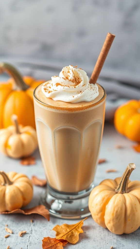 A creamy Vanilla Pumpkin Spice Chai Smoothie topped with whipped cream and a cinnamon stick, surrounded by small pumpkins and autumn leaves.