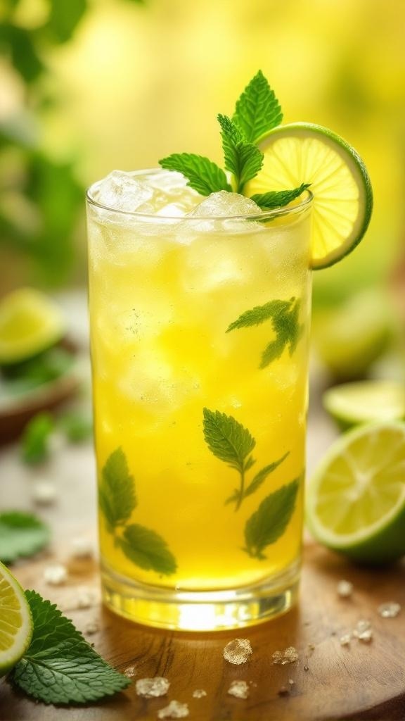 A refreshing Virgin Tequila Smash Mocktail garnished with mint and lime.