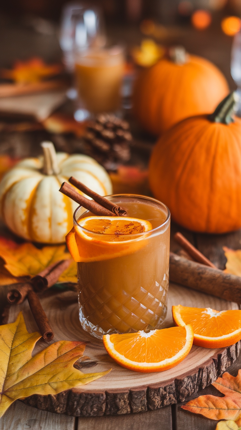 A warm spiced mocktail with orange slices and cinnamon sticks, surrounded by autumn leaves and pumpkins.