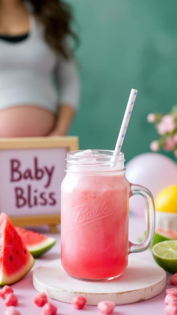 A refreshing watermelon lime mocktail in a jar with a straw, surrounded by watermelon slices and a sign that says 'Baby Bliss'.