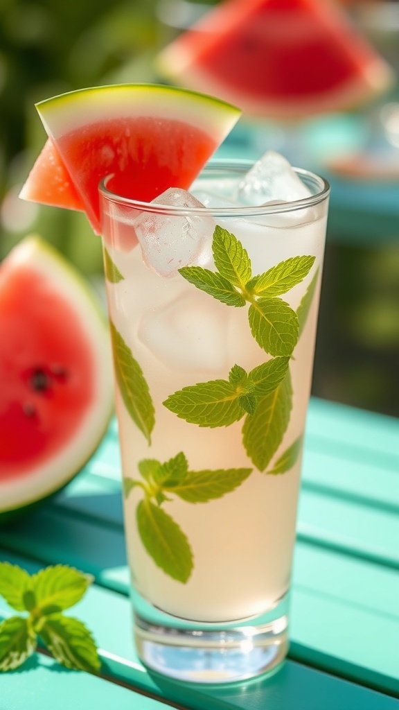 A refreshing watermelon mint mocktail garnished with mint leaves and watermelon slices.