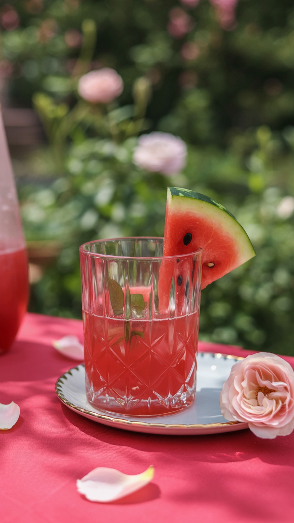 A glass of Watermelon Rose Spark Mocktail garnished with a slice of watermelon and a rose petal.