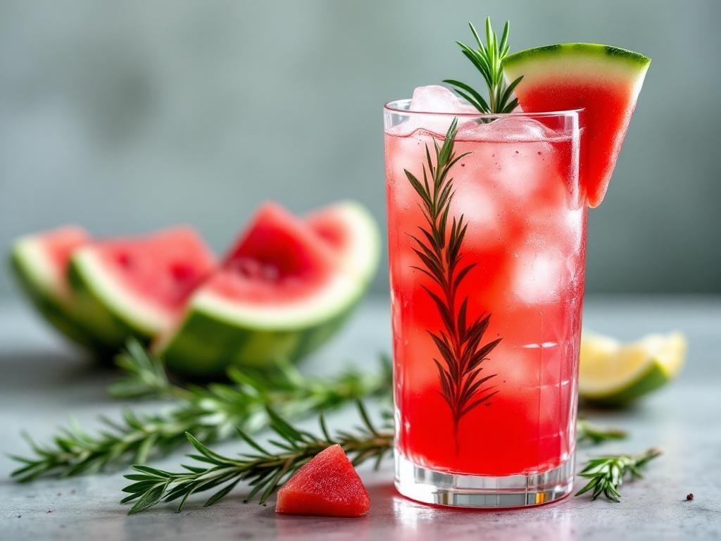 A refreshing watermelon rosemary lemonade mocktail in a glass with ice and a slice of watermelon.
