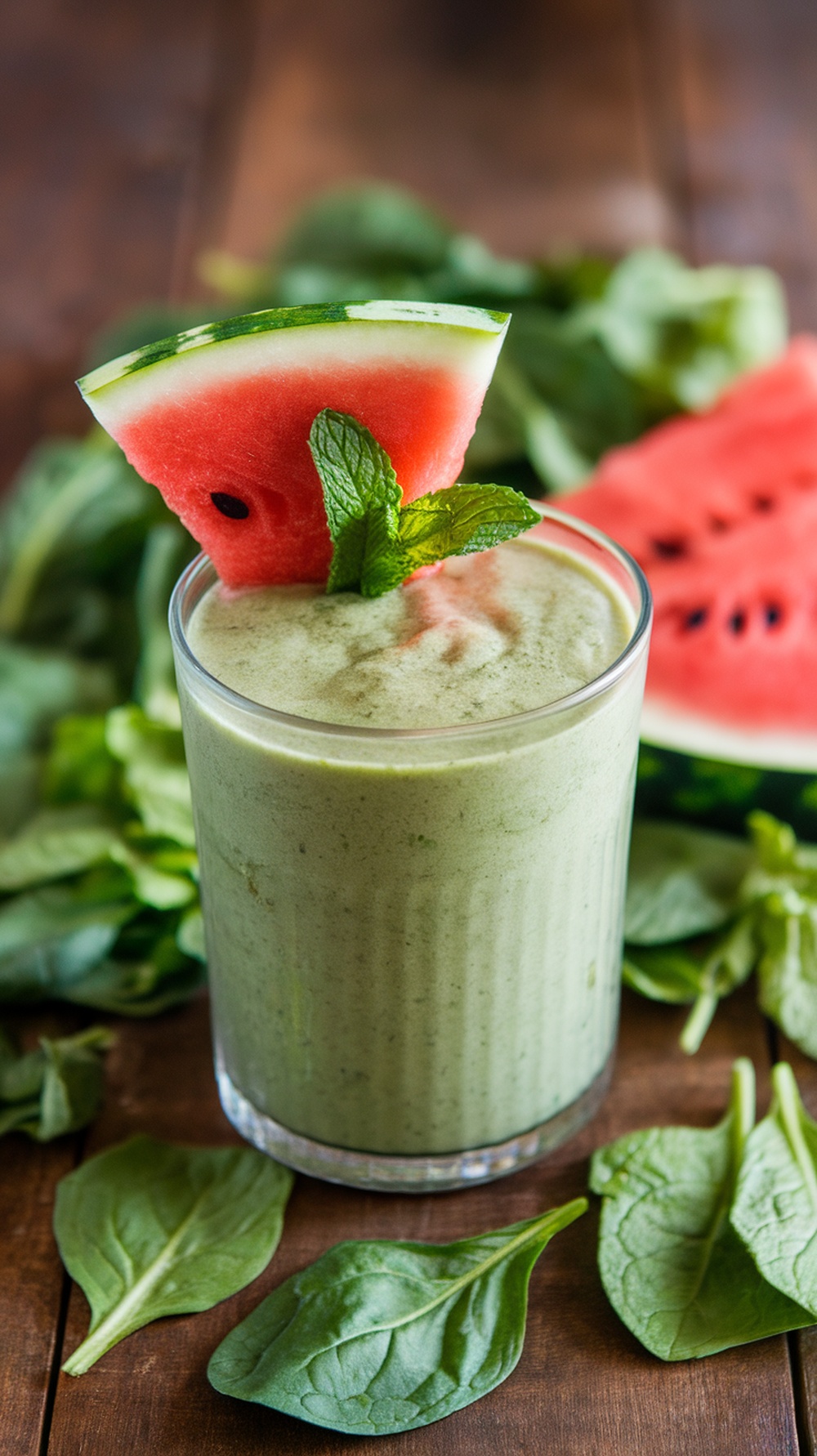 A green smoothie made with watermelon and spinach, garnished with a slice of watermelon and mint leaves.