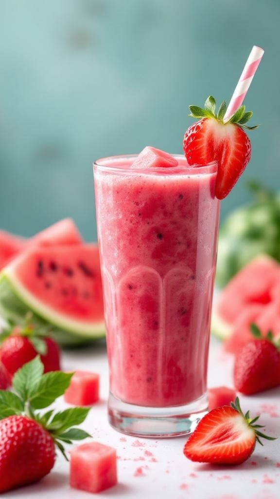 A refreshing watermelon strawberry smoothie in a glass with a straw, surrounded by fresh fruit.
