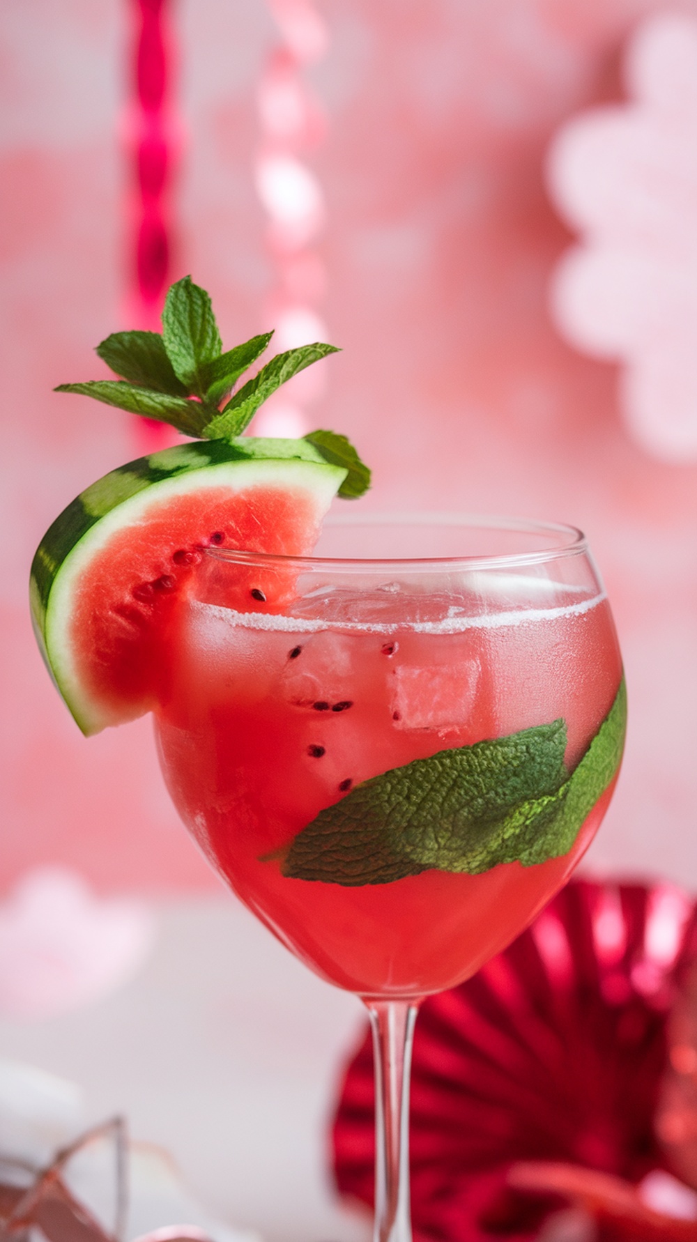 A vibrant watermelon mocktail garnished with mint leaves and a slice of watermelon.
