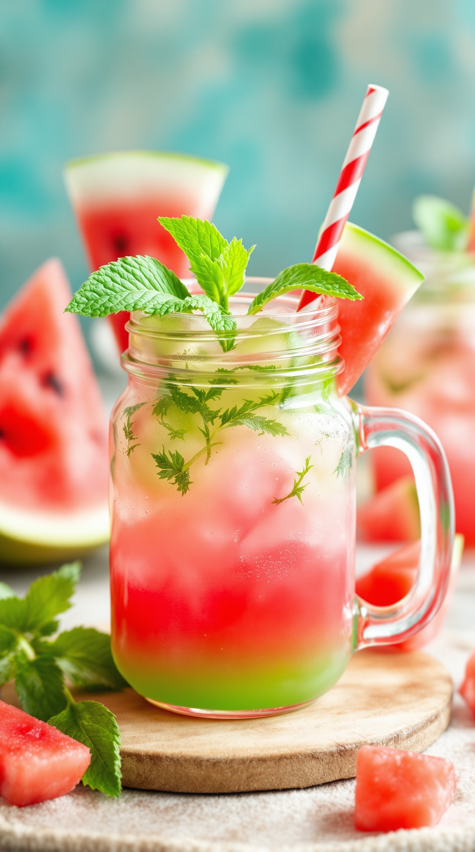 A colorful Watermelon Wonder Wave Mocktail in a jar with mint leaves and a straw.