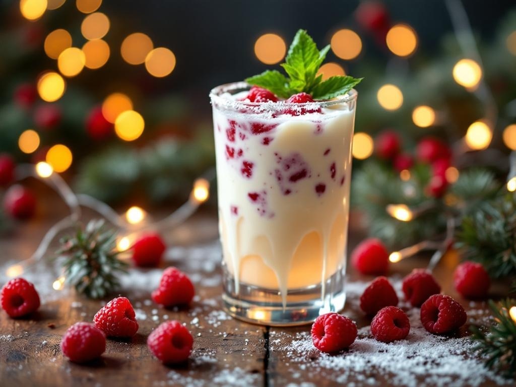 A festive White Chocolate Raspberry Mocktail garnished with raspberries and mint.