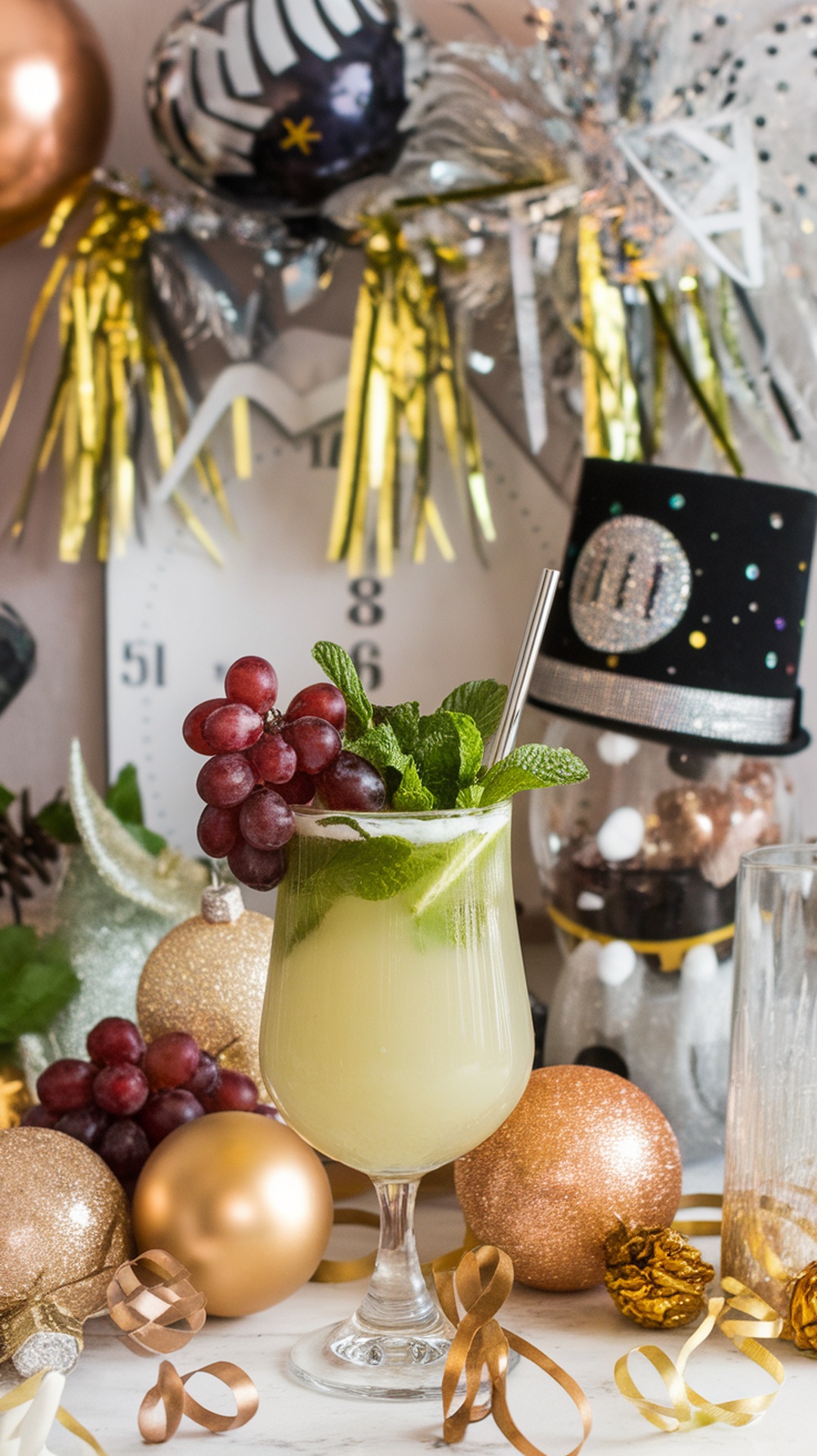 A refreshing White Grape Party Punch Mocktail garnished with grapes and mint, surrounded by festive decorations.