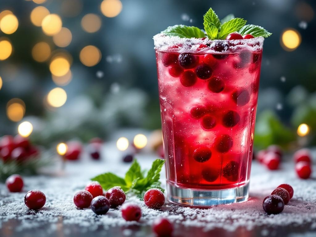 A festive winter berry mocktail with cranberries and mint