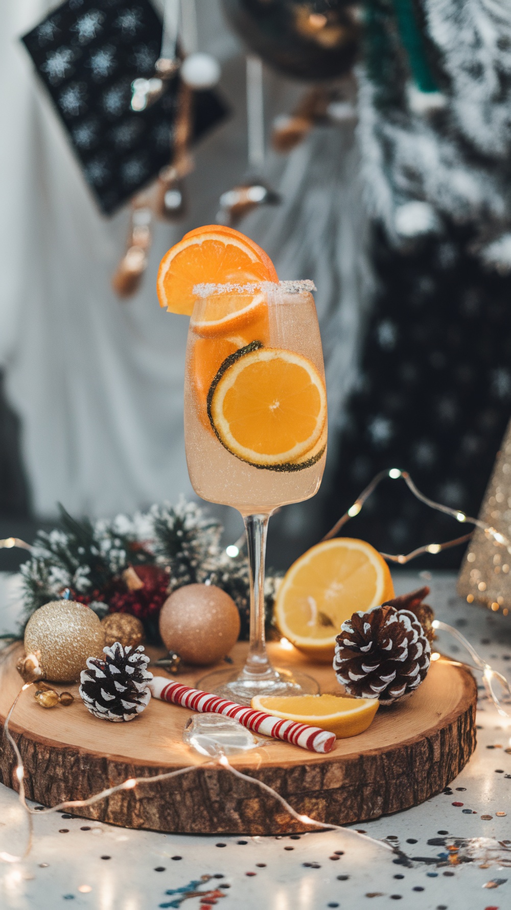 A festive Winter Citrus Bubbly Mocktail garnished with orange slices and surrounded by holiday decorations.