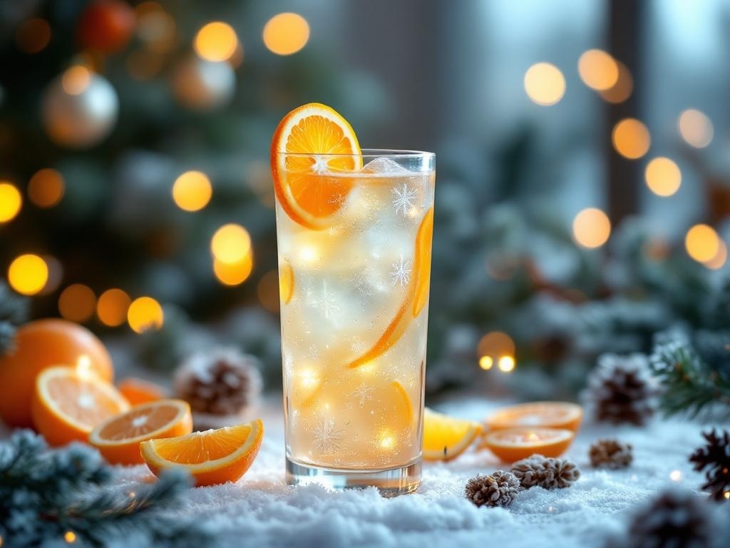 A glass of Winter Citrus Spritz Mocktail with orange slices, surrounded by festive decorations.