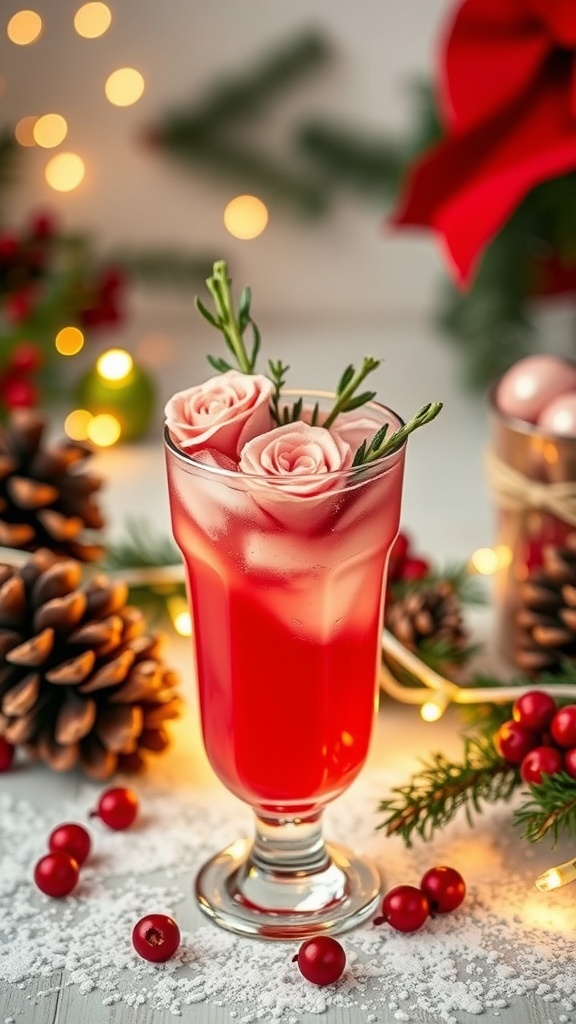 A festive Winter Rose Mocktail garnished with rose petals and rosemary, surrounded by pine cones and holiday decorations.