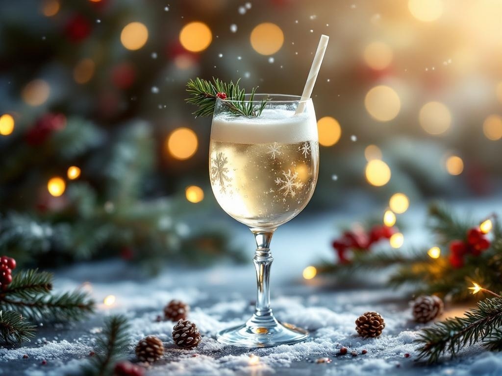 A festive Winter Wonderland Mocktail in a glass with snowflakes, garnished with a sprig of pine.