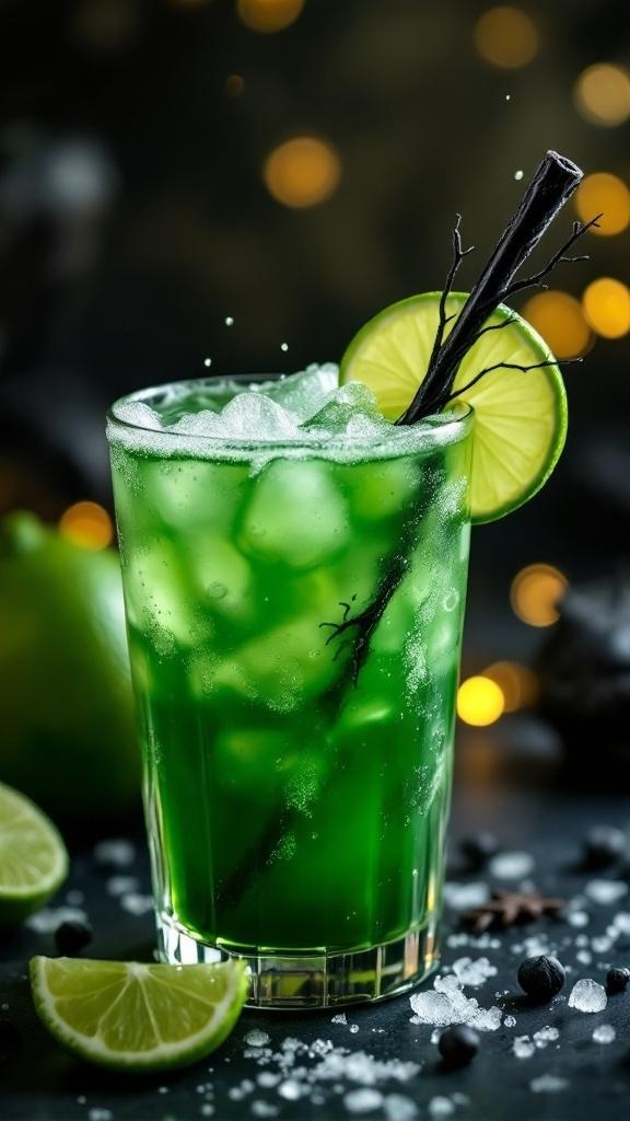 A vibrant green lime mocktail garnished with a lime slice and a stick, surrounded by lime slices and black berries.