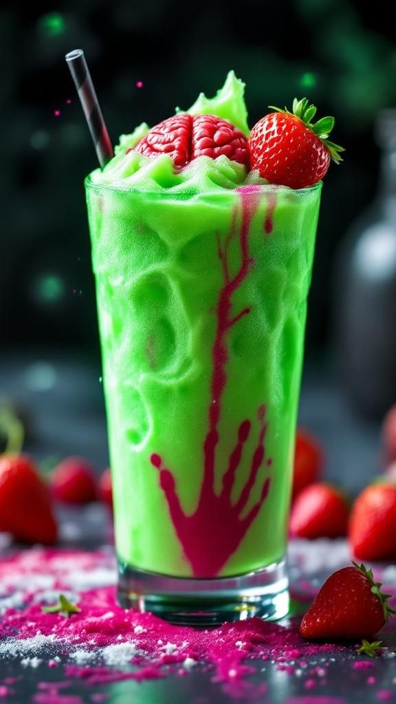A vibrant green mocktail with a brain-shaped topping and a red handprint design.