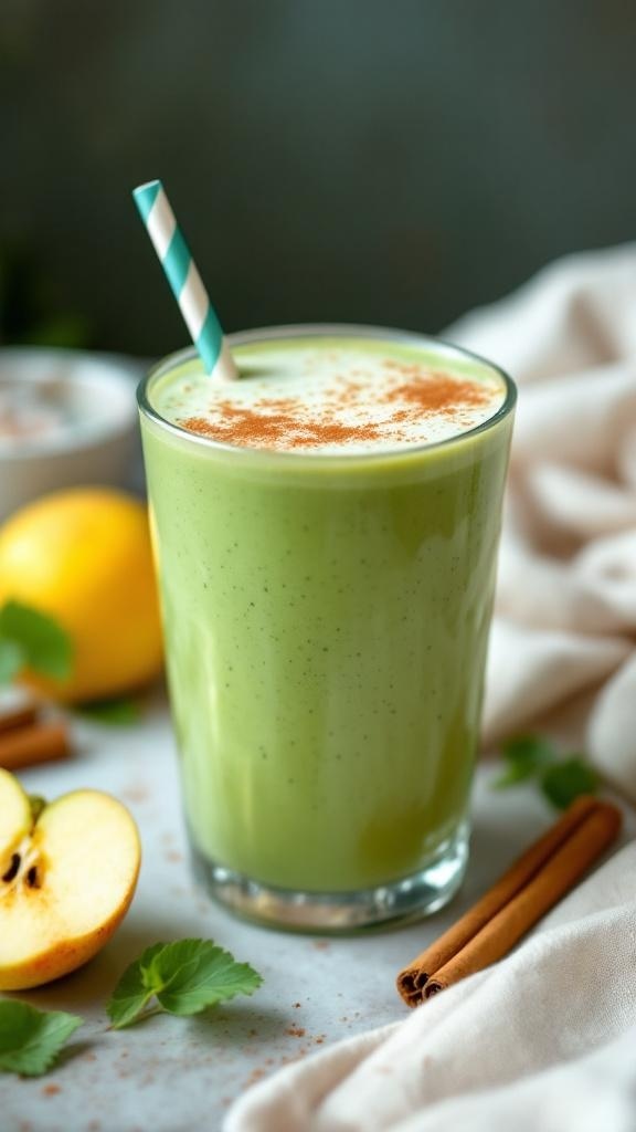 A green smoothie in a glass with a straw, surrounded by apple slices and cinnamon sticks.