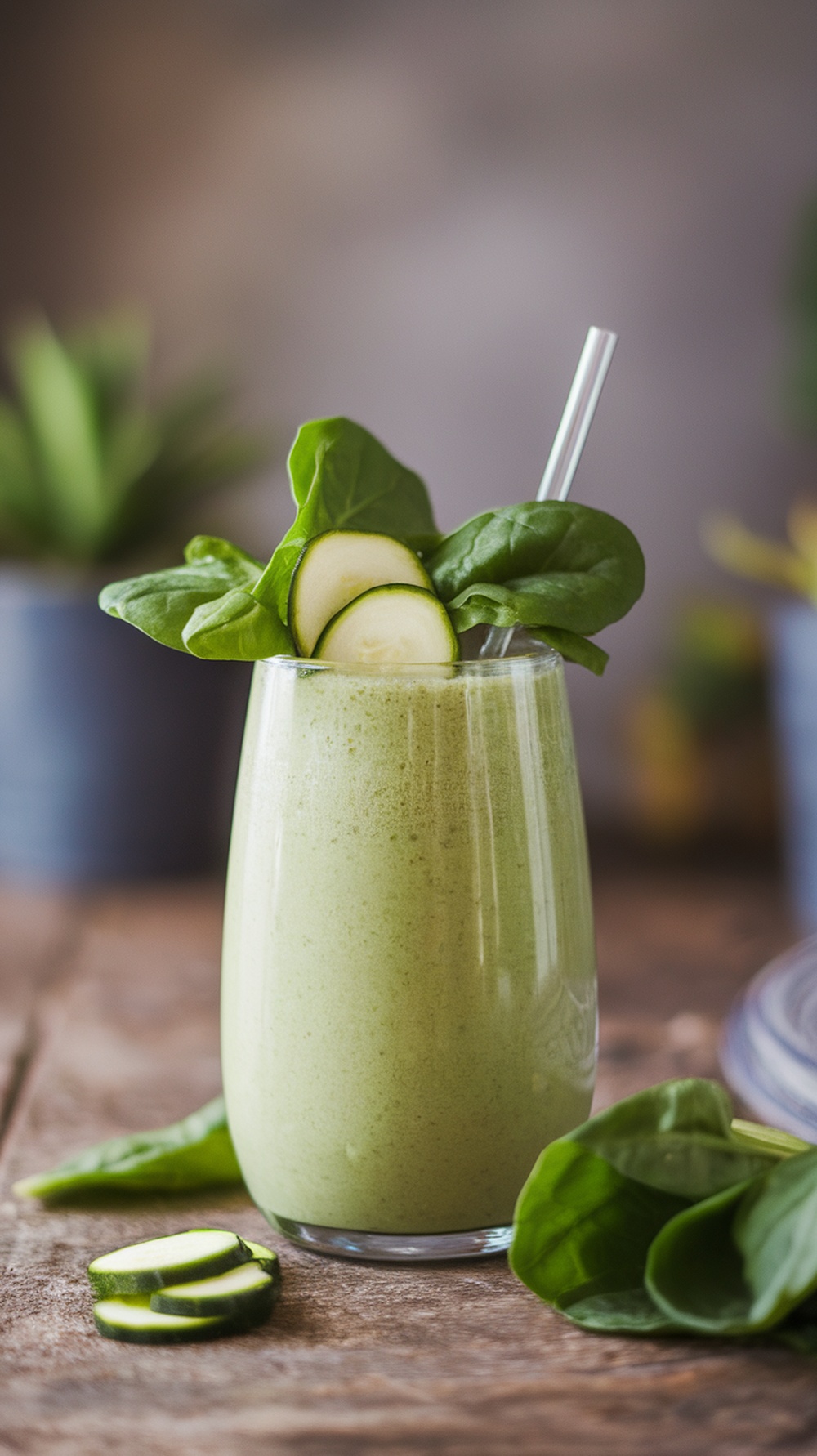 A refreshing green smoothie made with zucchini and spinach in a glass.