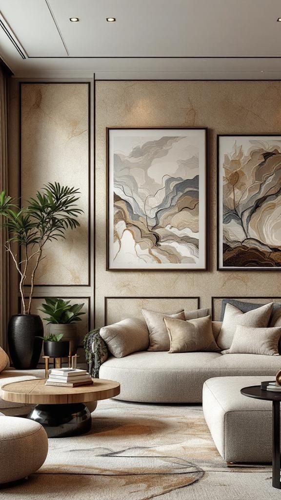 A luxurious living room featuring textured wall treatments, elegant furniture, and decorative wall art.