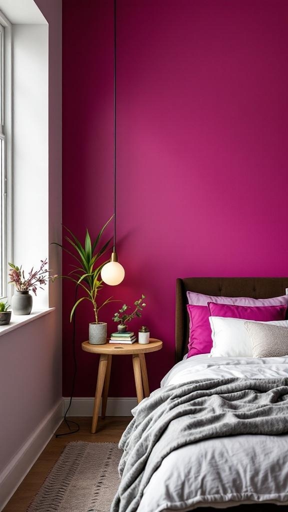 A stylish bedroom featuring a bold fuchsia statement wall, plush bedding, and decorative accents.