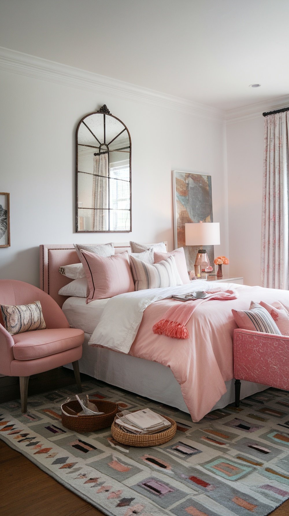 Chic pink bedroom with stylish bedding, armchair, and decorative elements.