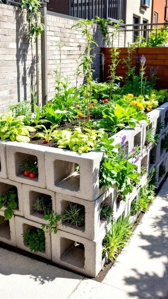 A cinder block garden bed with young plants growing in an urban setting