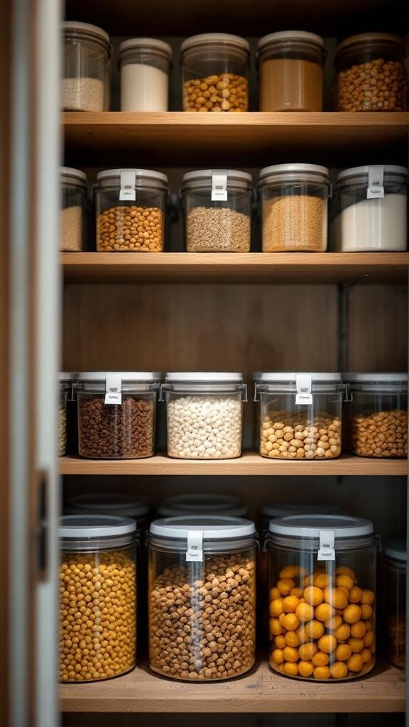 Organized pantry with clear containers and labels for easy access.