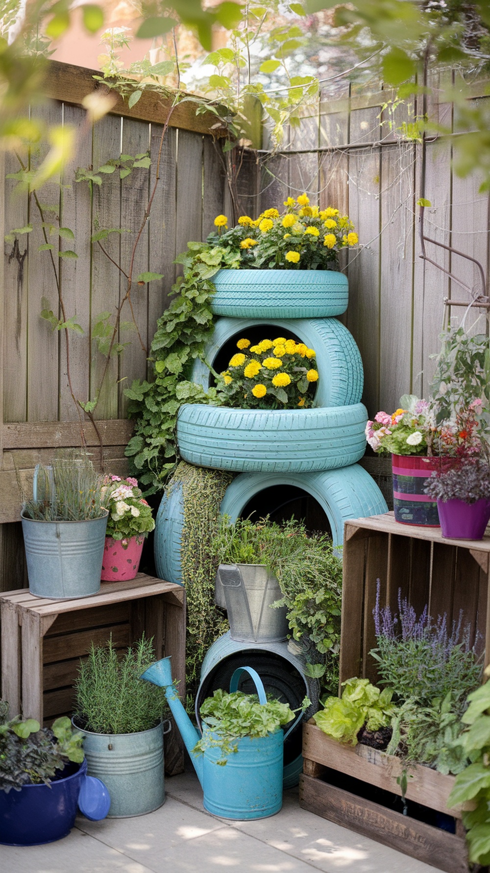 A small garden featuring various containers, including old tires and pots, filled with plants.