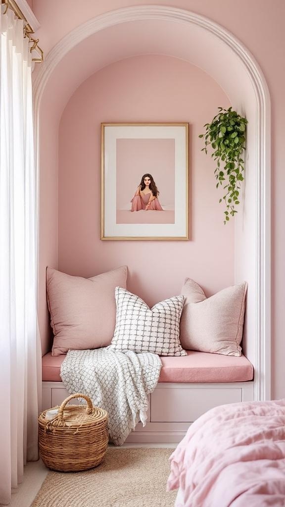 Cozy pink nook with a comfortable armchair, pink wallpaper, and bookshelves filled with books.