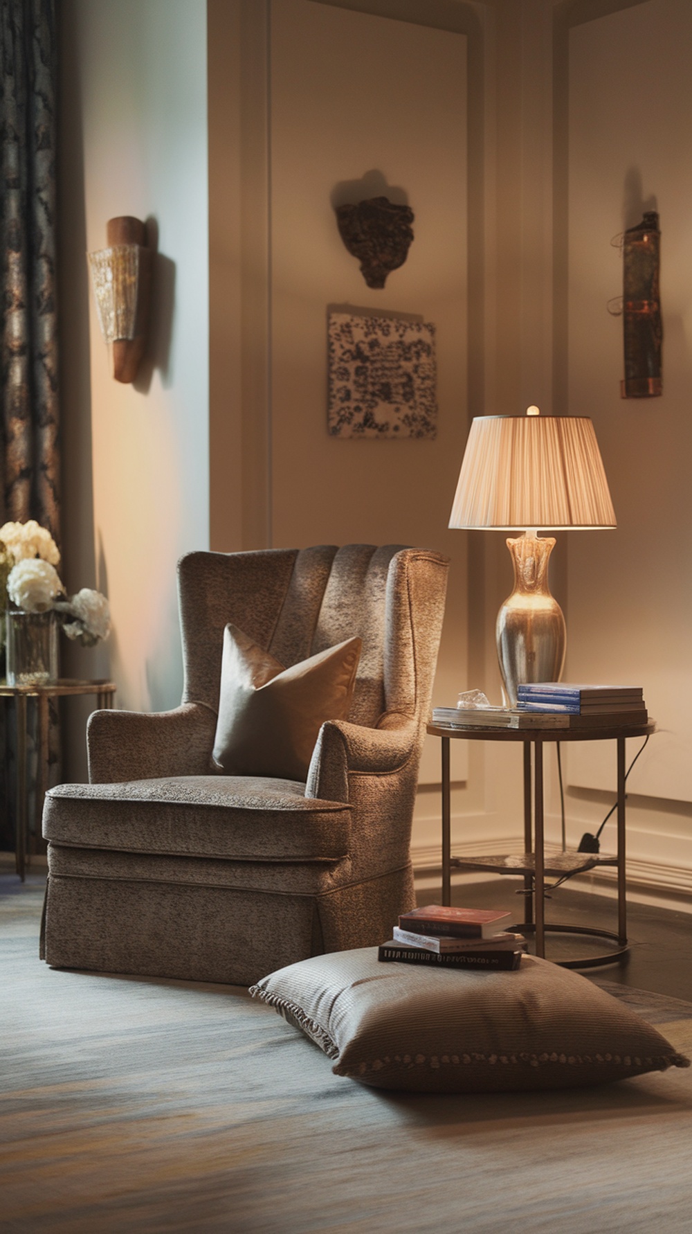 A cozy living room nook featuring a stylish armchair, a side table with books, and a soft pillow on the floor.