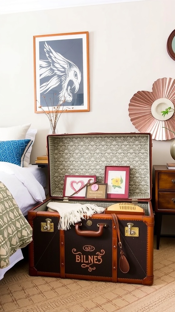 A vintage suitcase used for storage, filled with pillows, next to a bed in a cozy room.