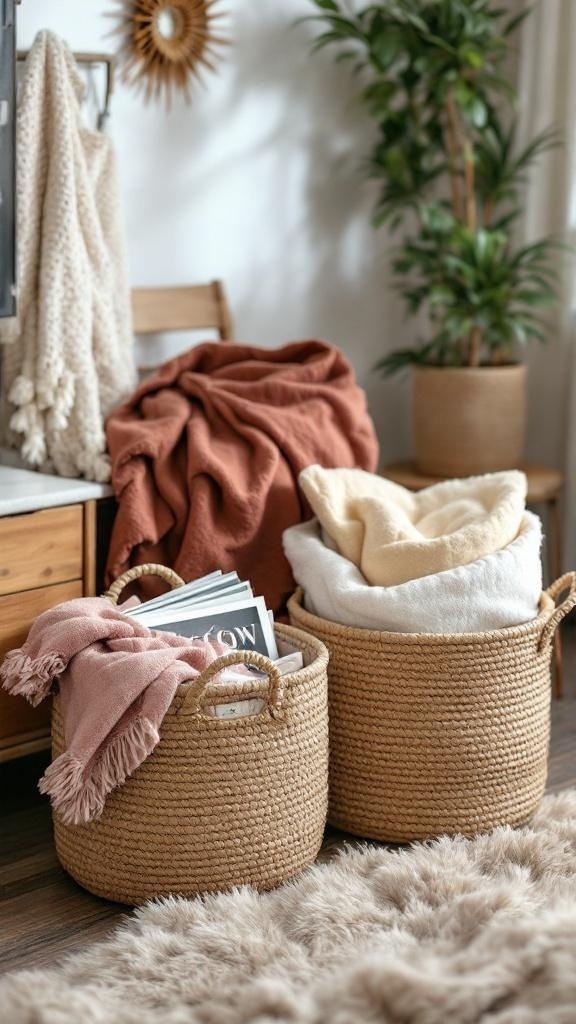 Two decorative woven baskets filled with blankets and magazines in a cozy living room setting.