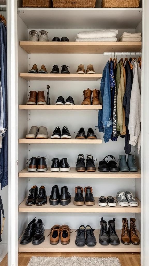 Organized closet with wooden shelves displaying shoes and clothing