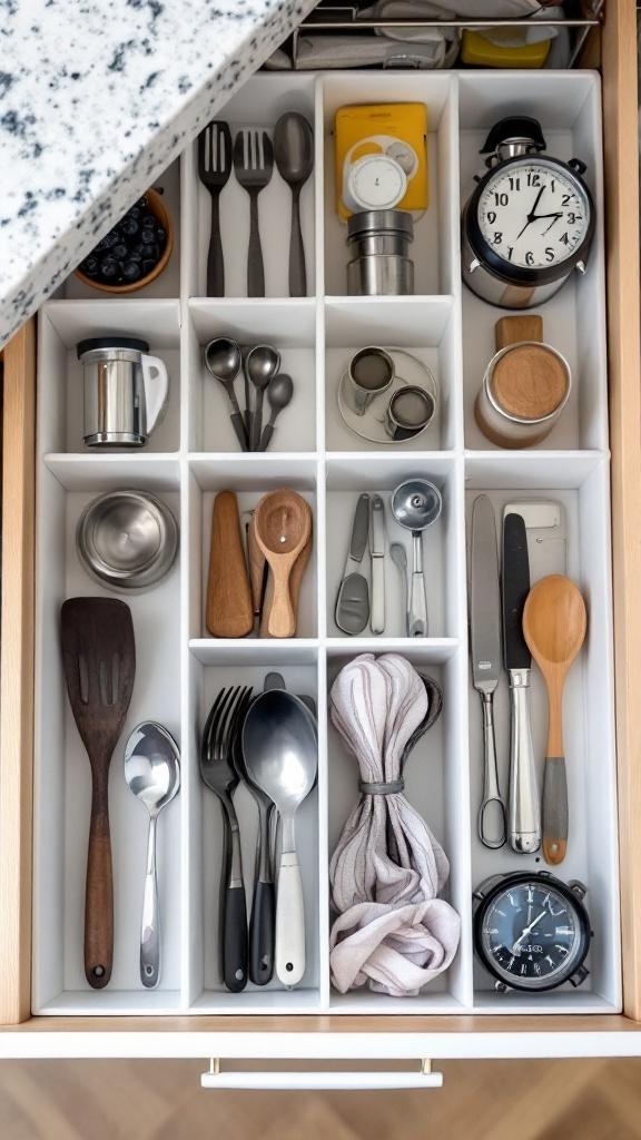 A neatly organized kitchen drawer with DIY dividers holding various utensils.