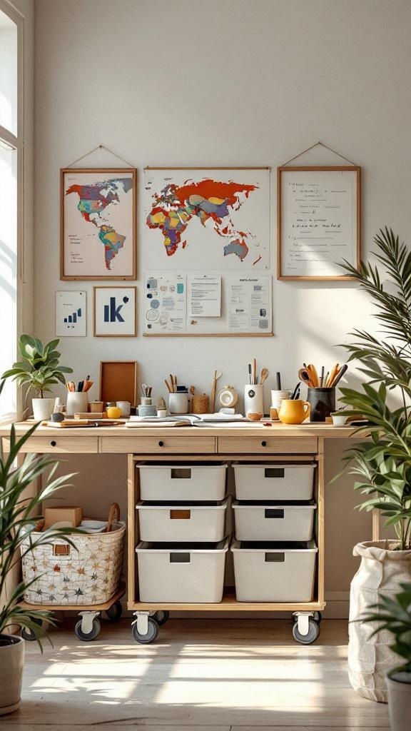 A stylish workspace with a wooden desk, storage bins on wheels, plants, and wall art.