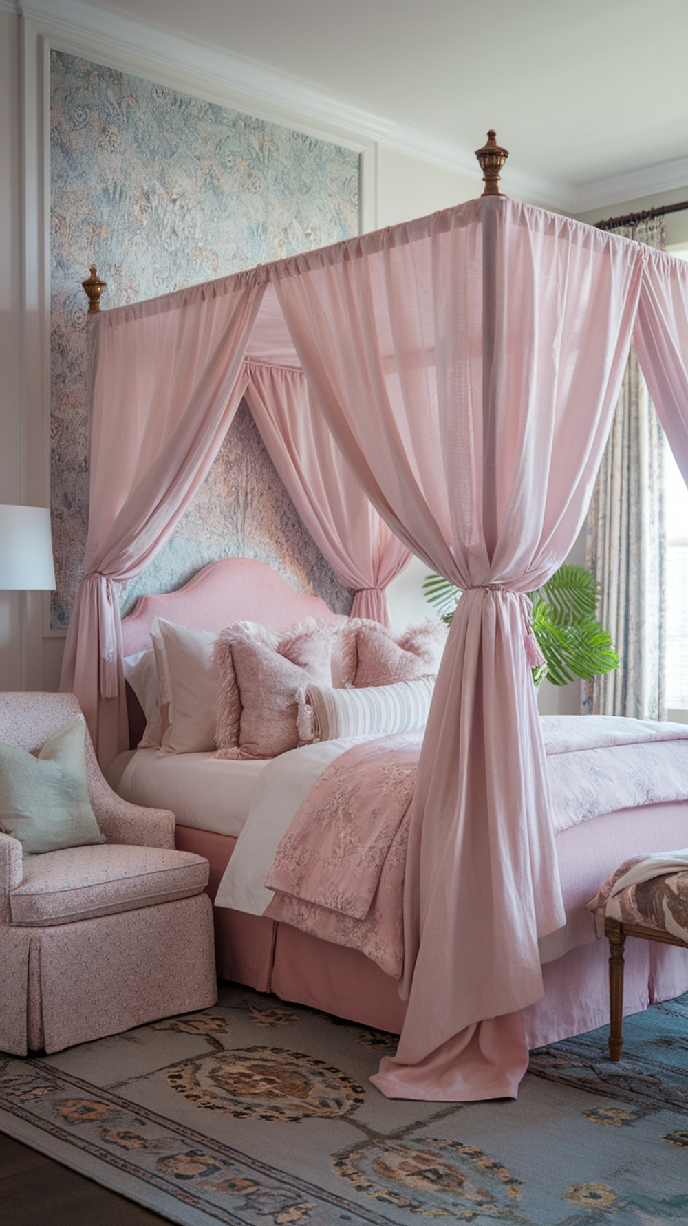 A cozy pink canopy bed with soft drapes and plush pillows, complemented by pink aesthetic wallpaper.
