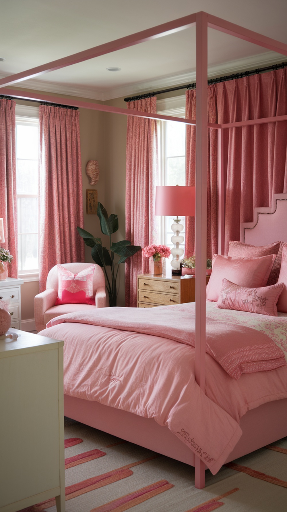 A cozy pink bedroom featuring a four-poster bed, pink curtains, and an accent chair, showcasing eclectic decor.