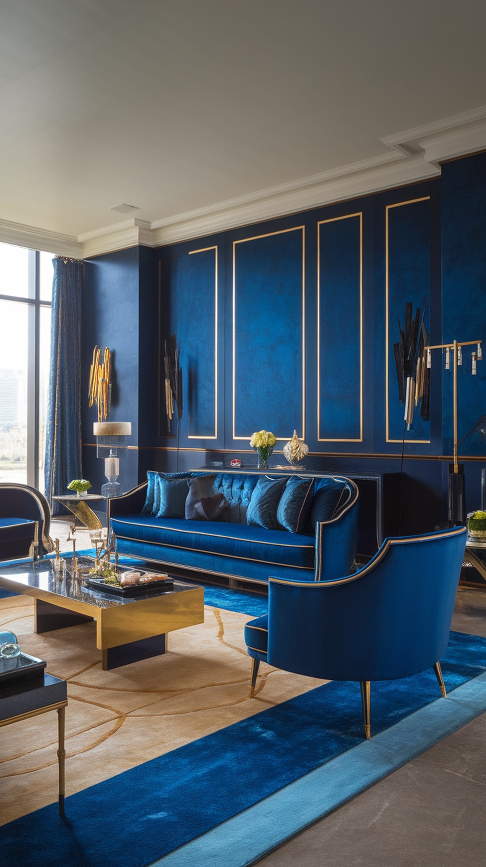 A luxurious living room with deep blue walls, a plush blue sofa, gold accents, and a stylish rug.