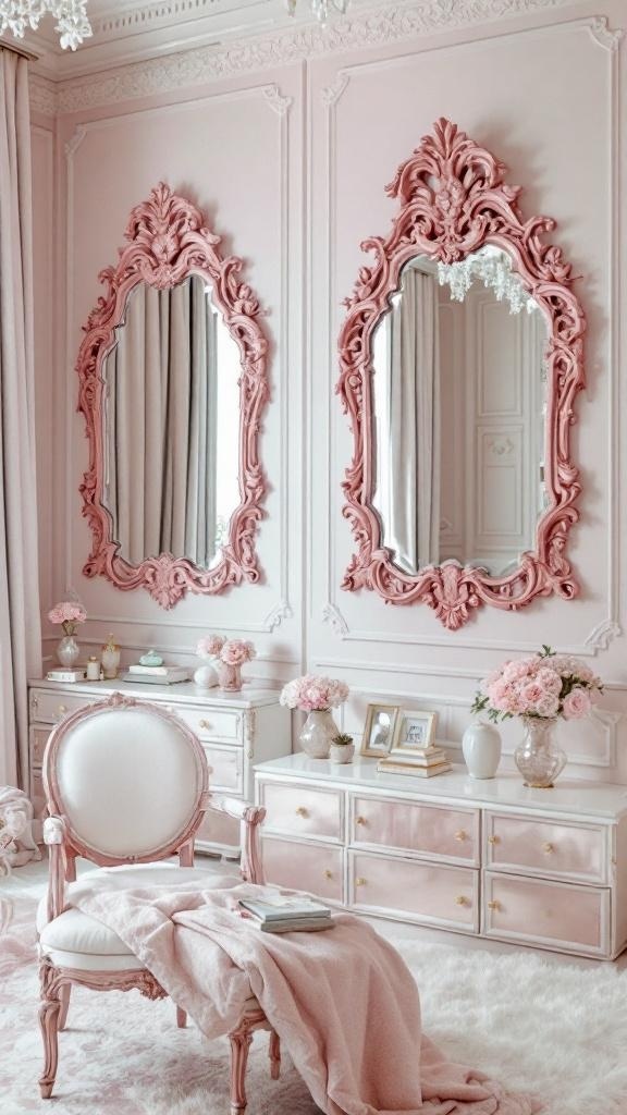 A beautifully decorated pink bedroom featuring elegant mirrors with pink frames, soft furnishings, and a cozy atmosphere.