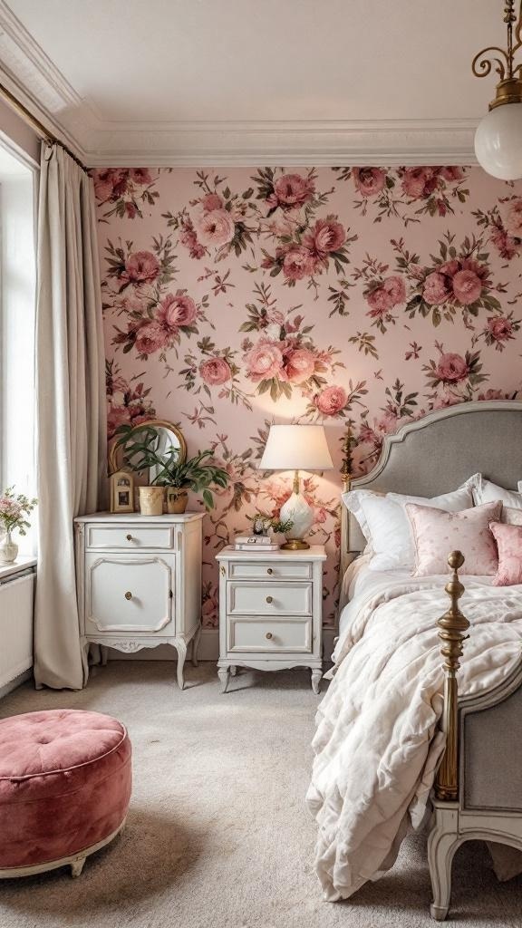 A cozy bedroom featuring floral pink wallpaper, light blue furniture, and soft curtains.