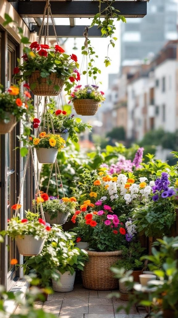 A hanging garden bed filled with colorful flowers, showcasing a vibrant and cheerful atmosphere.